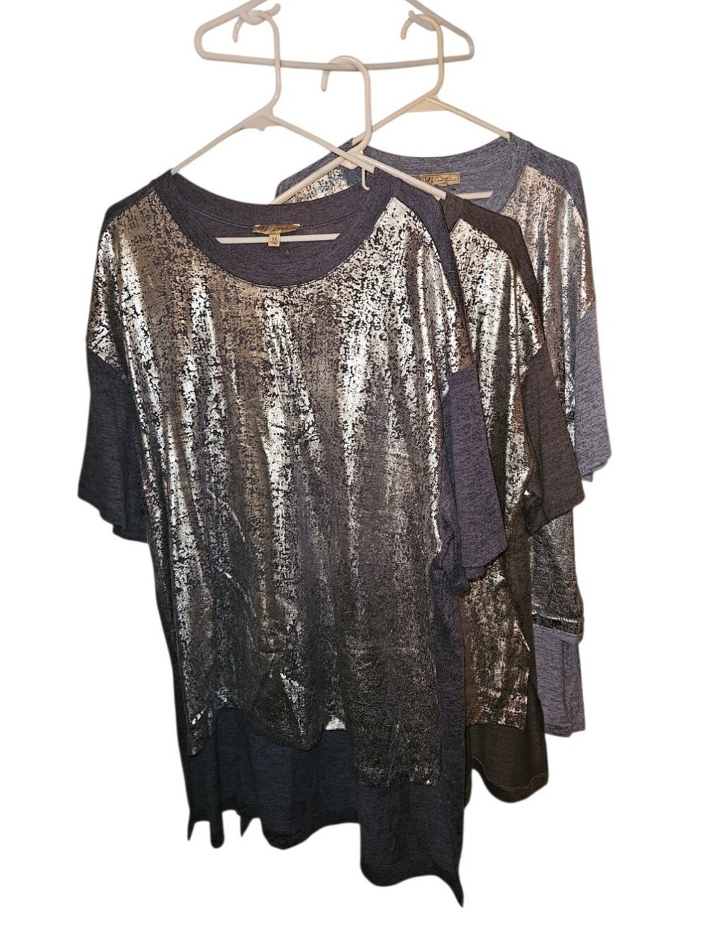 LOT OF THREE DG2 by Diane Gilman Metallic Foil Jersey Knit Tees